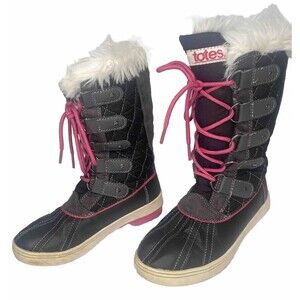 Totes Black Pink Faux Fur Winter Waterproof Snow Boots Youth Girls Size 1